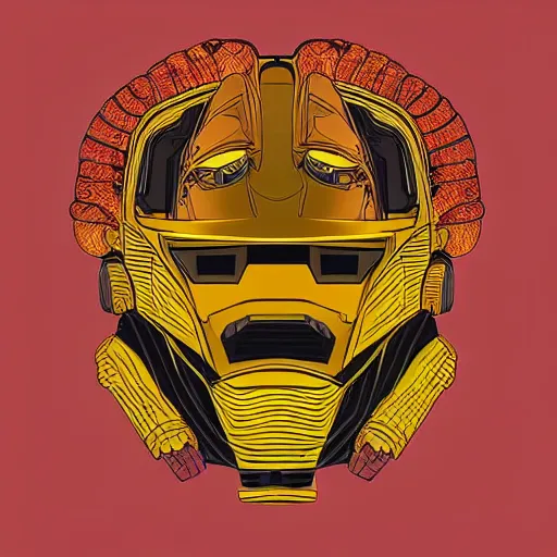 Prompt: helmet lion cyberpunk made of yellow lava and fire in angga tantama and wahyudi ramadhani style, profile portrait, robotic, digital illustration, vector art, drawing