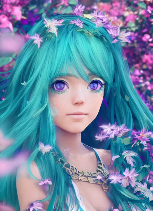 Prompt: portrait of a cute beautiful young woman, with long turquoise hair, big cute eyes, and a blue dress, in a garden full of flowers and Butterflies, intricate jewelry, genshin impact, realistic anime, backlit, volumetric lighting, strong rim light, subsurface scattering, sharp focus, excellent composition, octane render, trending on artstation, 8k