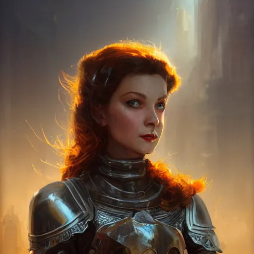 Image similar to closeup portrait of a young vivian leigh as female knight, city background, megacity, high fantasy, dramatic light, gorgeous view, depth, high detail, digital art, painted by greg rutkowski, trending on artstation