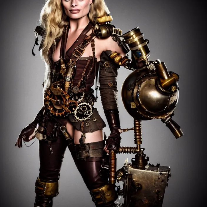 Prompt: full body portrait photograph of a margot robbie as a steampunk warrior. Extremely detailed. 8k