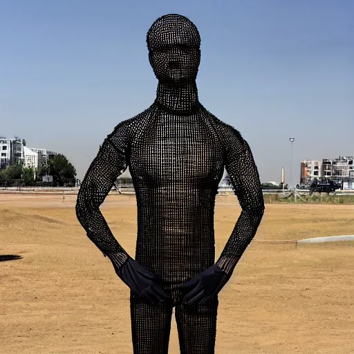 Image similar to a human sculpture made out of damaged wired mesh