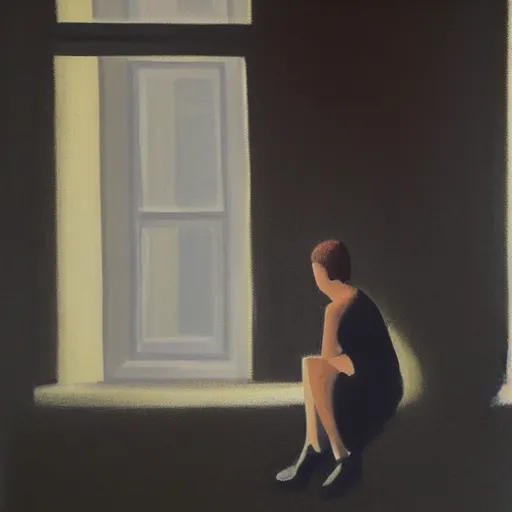 Prompt: woman sitting by the window waiting for someone, low key acrylic painting, stunning masterpiece by a very talented artist , very beautiful