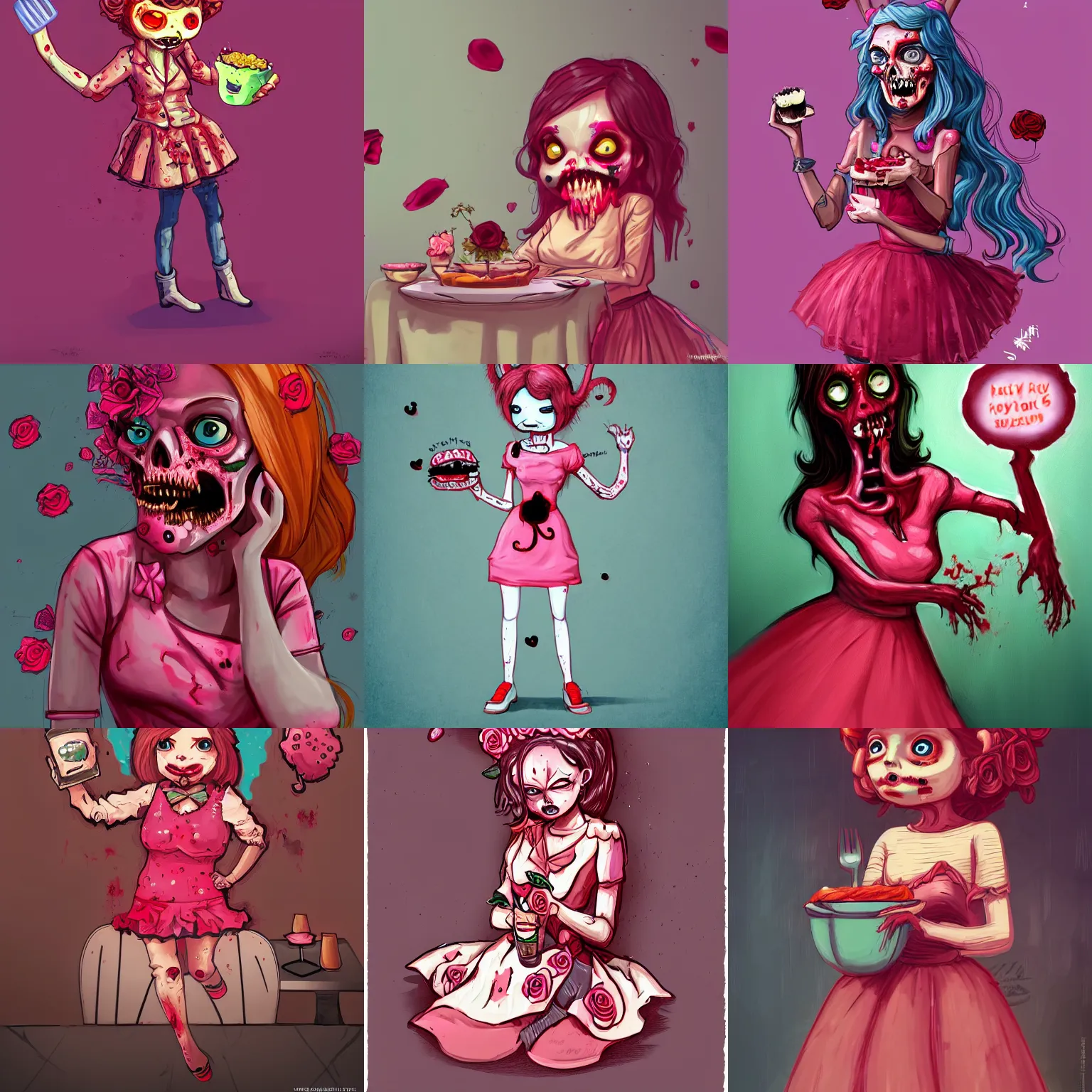 Prompt: intelligent cute zombie dressed in rose dress culturally eats brains in a restaurant, mm delicious, happy atmosphere, vivid color, highly detailed, digital painting, artstation, concept art, matte, sharp focus