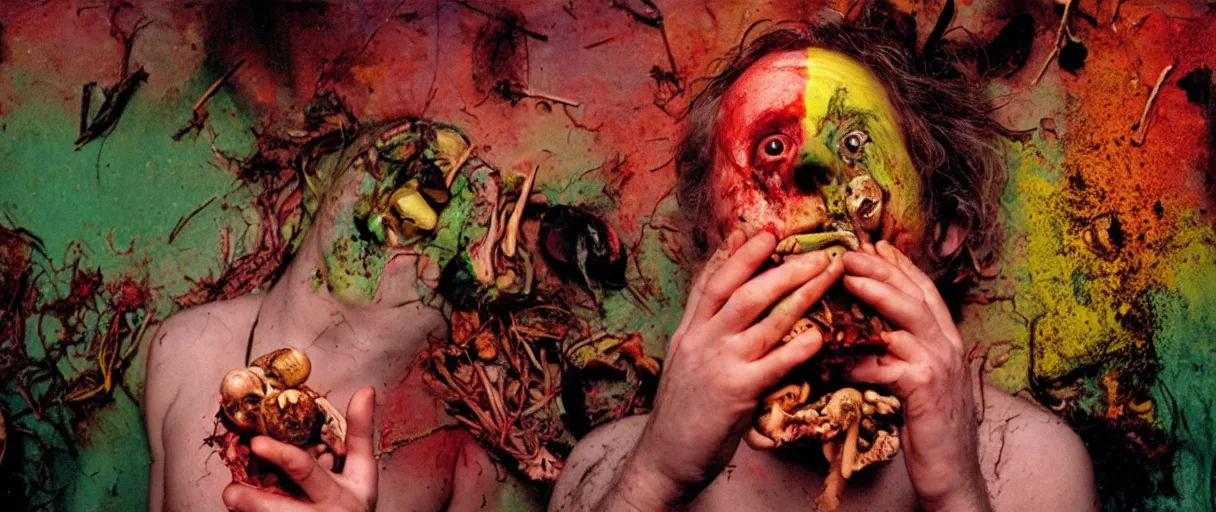 Prompt: award winning photo of a todd solondz charles thompson iv eating magic mushrooms and rotting, sad and happy, crying and smiling franticly, vivid colors, happy, symmetrical face, beautiful eyes, studio lighting, wide shot art by sally mann & arnold newman