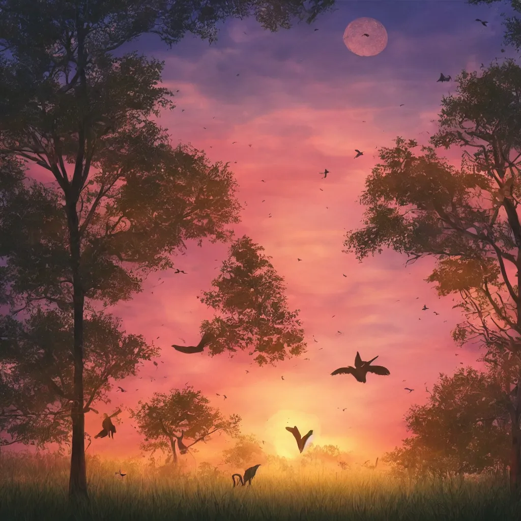 Prompt: a dreamy sunset kn the forest with animals, illustration, 8k