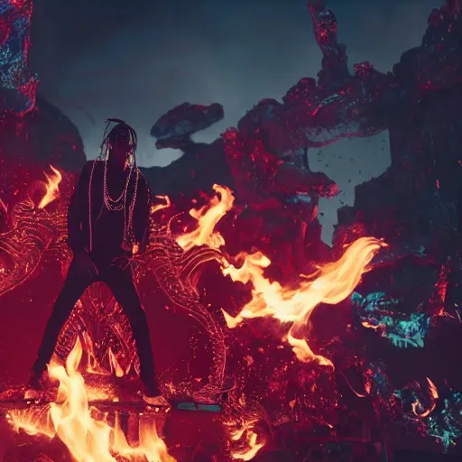 Image similar to a cinematic still of travis scott concert in hell, multiverse, ((octane render, nvidia raytracing demo)), masterpiece