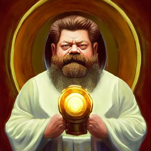 Image similar to a hyperrealistic painting of a dwarven cleric that looks like ron swanson looking stoicly to the right, white hair, white beard, holding a holy symbol, golden hour, alex ross