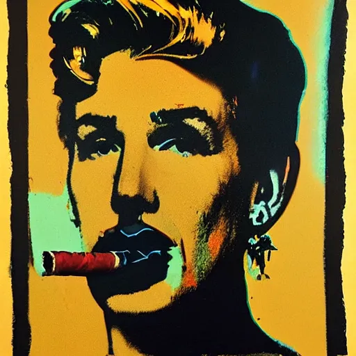 Image similar to a masterpiece portrait of Mean Dean smoking a cigarette by Andy Warhol