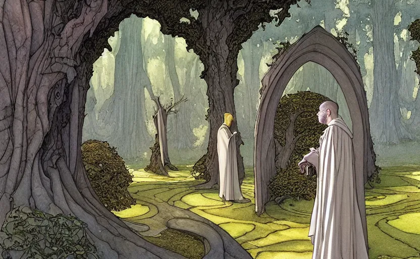 Image similar to a hyperrealist watercolour concept art of a dimensional time portal in the shape of an arch of trees. a medieval monk in grey robes is in the foreground. by rebecca guay, michael kaluta, charles vess and jean moebius giraud. high detail, hq, wide shot, 4 k