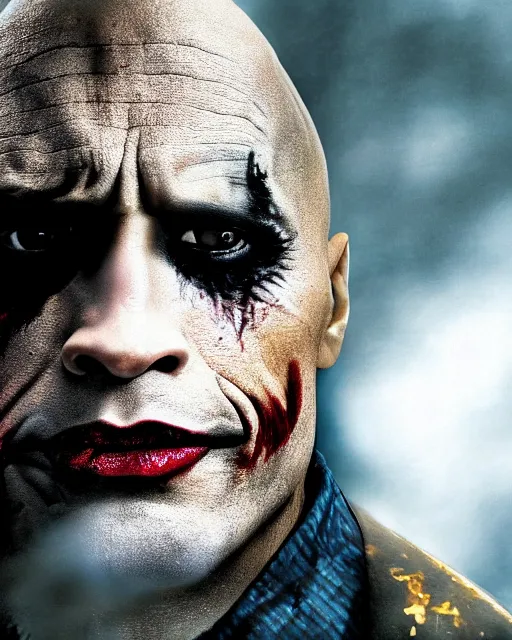 Image similar to Film still close-up shot of Dwayne The Rock Johnson as The Joker from the movie The Dark Knight. Photographic, photography