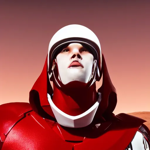 Image similar to headshot of a tall athletic muscular infantry man in glossy sleek white armor with tiny red details and a long red cape, heroic posture, strong jawline, on the surface of mars, night time, dramatic lighting, cinematic, sci-fi, hyperrealistic