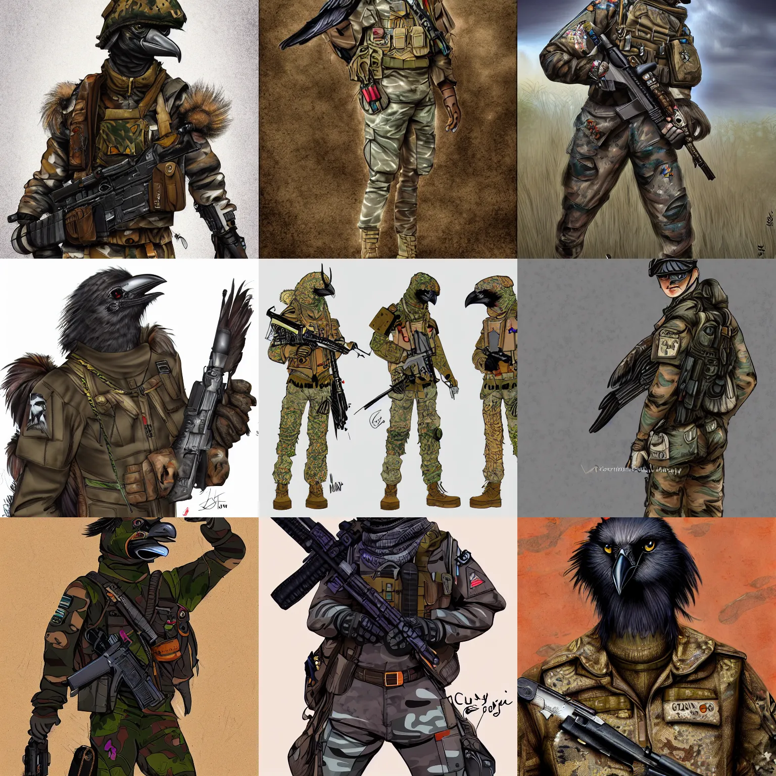Prompt: very very beautiful furry art, male anthro crow wearing desert camo combat uniform, commission on furaffinity, highly detailed digital art, vibrant colors, feathers