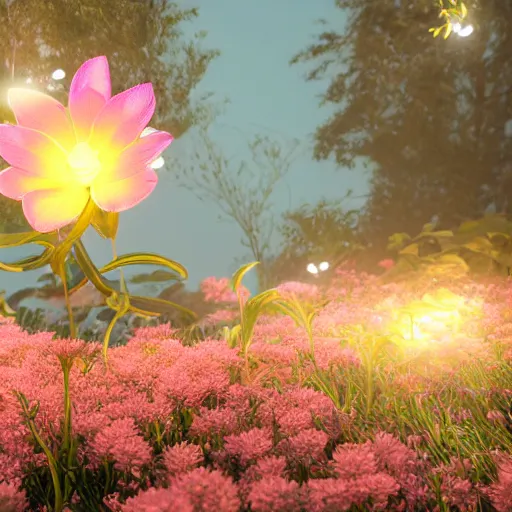 Image similar to Luminescent flower blooming at twilight, realism, photorealism, f 3.5, photography, octane render, highly detailed, vray, volumetric lighting,