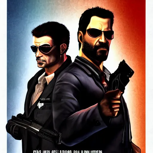 Image similar to max payne and jc denton from deus ex, buddy cop movie poster