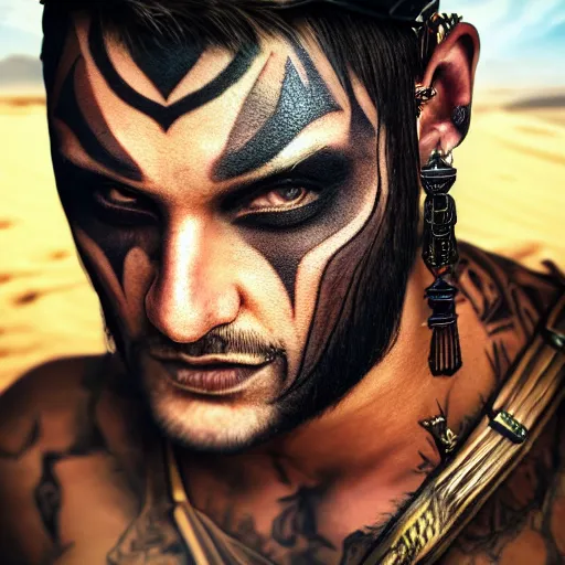 Image similar to a detailed portrait of desert warrior with face tattoos, fantasy art illustration, incredibly highly detailed and realistic, 8 k, sharp focus