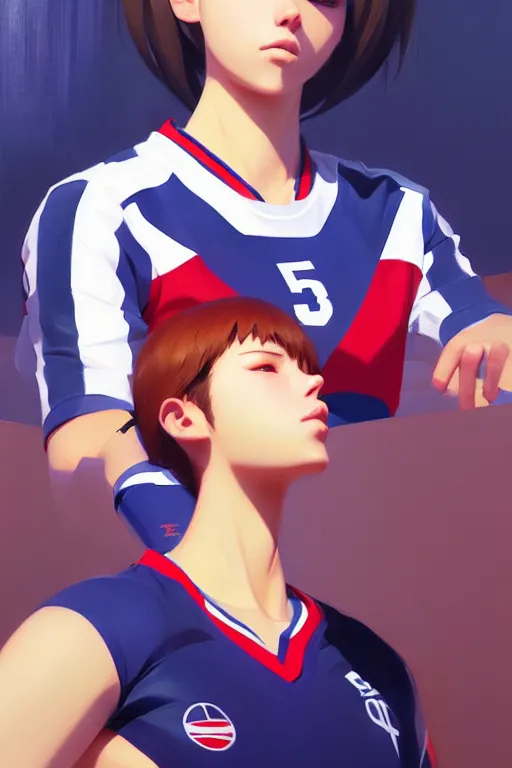 Image similar to a ultradetailed beautiful panting of a stylish woman wearing a volleyball jersey, oil painting, by ilya kuvshinov, greg rutkowski and makoto shinkai