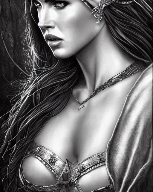 Image similar to portrait of beautiful megan fox as greek goddess aphrodite, archer, arrow on the head, beautiful piercing eyes, flowing blonde hair, realistic face, black and white drawing, in the style of greg rutkowski, fantasy, amazing detail, epic, intricate, elegant, smooth, sharp focus