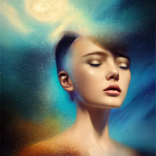 Prompt: sci - fi, 3 d, stars, fashion model face star skin, cinematic, clouds, moon rays, vogue cover style, poster art, blue mood, realistic painting, intricate oil painting, high detail illustration, figurative art, multiple exposure, water, 3 d, by tooth wu and wlop and beeple and greg rutkowski