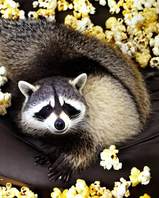 Image similar to an obese raccoon lays on it's back while watching tv from a green leather recliner, the raccoon is lazily eating from a pile of popcorn on it's belly