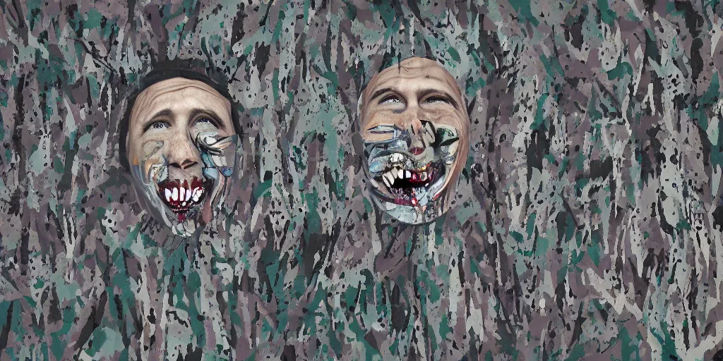 Image similar to camo made of teeth, smiling, abstract, francis bacon artwork, fortnite, cryptic, dots, stipple, lines, splotch, color tearing, pitch bending, faceless people, dark, ominious, eerie, minimal, points, technical, old painting