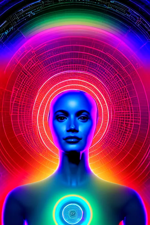 Image similar to portrait of the goddess of artificial intelligence as a hologram, in front of a rainbow of data, threads of light in the background, extremely high quality artwork, very detailed, anthropomorphic silhouette, trending on artstation