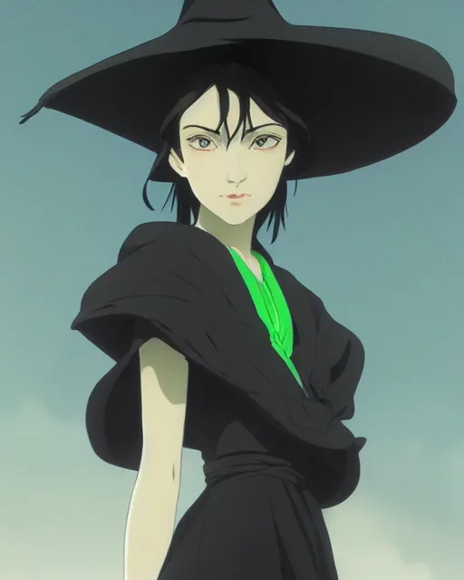 Prompt: young female witch with green skin wearing a black witch hat, jet black hair, bright green eyes and pale greenish skin, simple black dress, purple scarf wrapped around her neck, detailed perfect face, exquisite details, mid view, design on a dark foggy background, by studio muti, greg rutkowski makoto shinkai takashi takeuchi studio ghibli