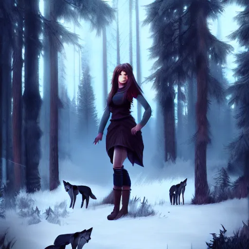 Image similar to a pretty girl surrounded by wolves, in the woods, digital painting, photorealistic, in the style of greg rutkowski, full body, detailed face, sharp, unreal engine 5