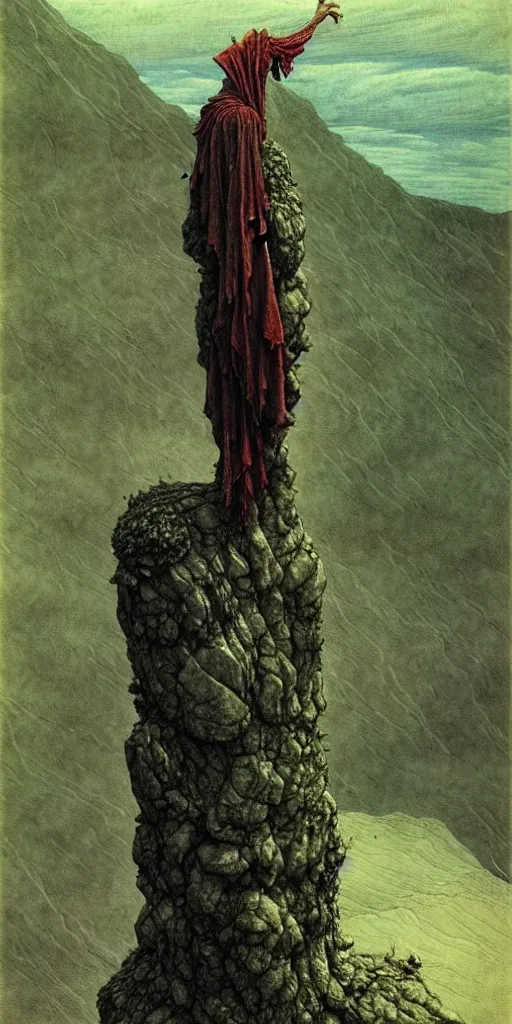 Image similar to A detailed lonley alien sock stands among the mountains. Wearing a ripped mantle, robe. Perfect face, extremely high details, realistic, fantasy art, solo, masterpiece, art by Zdzisław Beksiński, Arthur Rackham, Dariusz Zawadzki