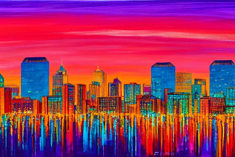 Prompt: winnipeg skyline, sunset, vivid colors, painting by ay jackson, 4 k