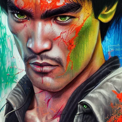 Image similar to a demon slayer portrait of bruce lee, tall, pale - skinned, and slender with lime green eyes and long eyelashes by stanley artgerm, tom bagshaw, arthur adams, carne griffiths, trending on deviant art, street art, face enhance, chillwave, maximalist, full of color, glittering