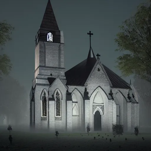 Image similar to victorian church in the middle of the city, dark, misty, at night, 8 k, detailed, concept art, trending on artstation