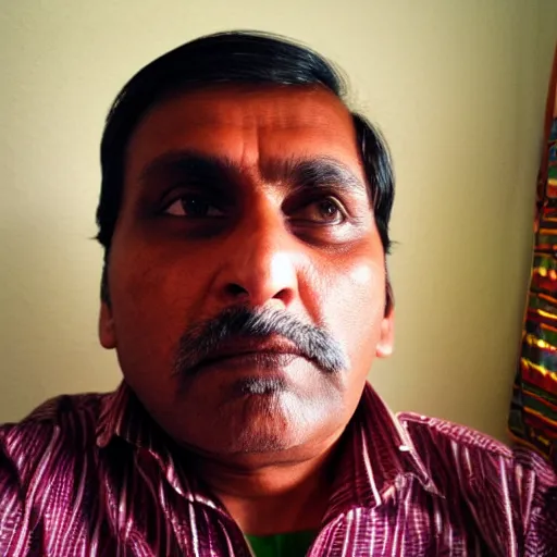 Image similar to my indian dad accidentally taking a selfie with the front camera, squinting because the camera flash is so bright in his face