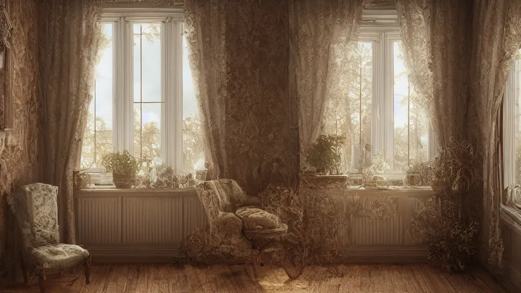 Prompt: richly decorated Victorian house, beautiful, detailed wood, photorealistic, photorealism, the autumn light comes in through a window, diffuse light, octane render