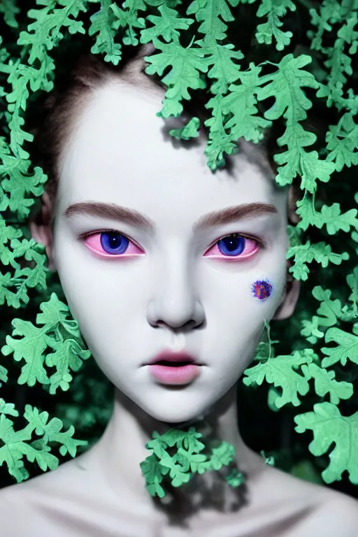 Image similar to full head and shoulders, beautiful porcelain female person, mixed with three giant eyes in macro detail, smooth, delicate facial features, white detailed eyes, white lashes, 3 d white shiny thick, wearing colourful streetwear, background is a wall of leaves, by daniel arsham and james jean, featured in pictoplasma