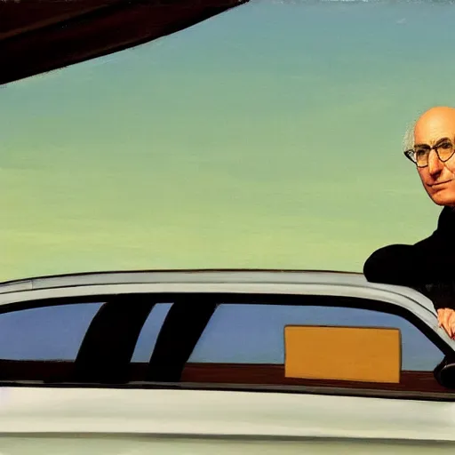 Image similar to larry david sitting on roof of 2009 prius, edward hopper painting