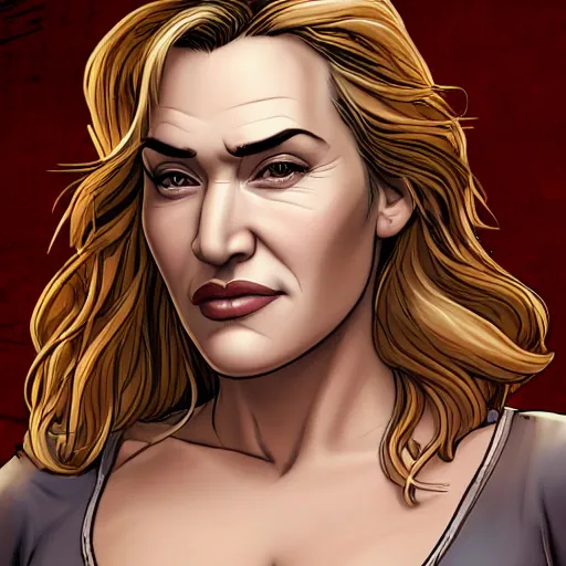 Image similar to kate winslet portrait, borderlands, tales from the borderlands, the wolf among us, comic, cinematic lighting, studio quality, 8 k