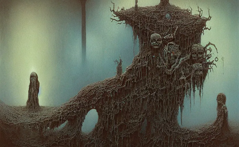 Image similar to A painting called life and death merge together, concept art by Beksinski, omnious, hihgly detailed,