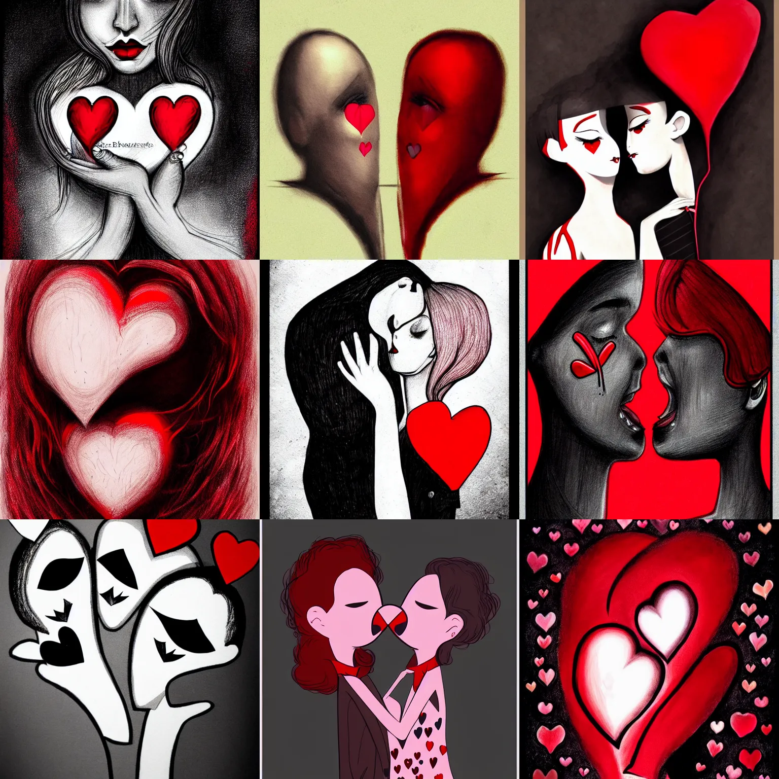 Prompt: french kiss, several hearts, love, sadness, dark ambiance, concept by Godfrey Blow, featured on deviantart, drawing, sots art, lyco art, artwork, photoillustration, poster art, black and red