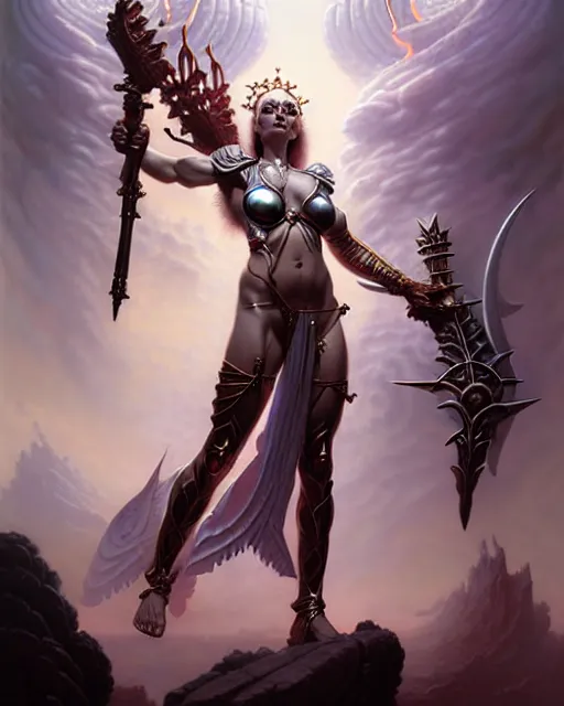 Image similar to goddess of war, beautiful fantasy character portrait, ultra realistic, wide angle, intricate details, highly detailed by peter mohrbacher, boris vallejo, hajime sorayama, wayne barlowe, aaron horkey, gaston bussiere, craig mullins