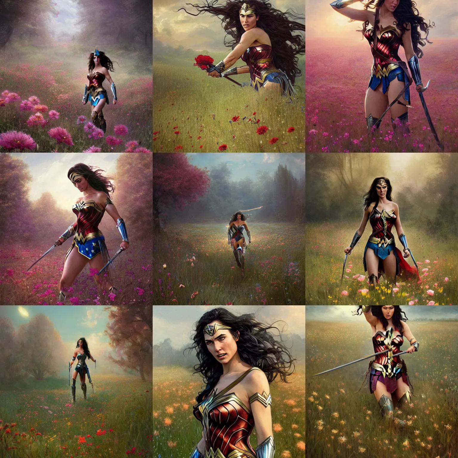 Prompt: enchanting scene of Wonder Woman in a field of flowers, a fantasy digital painting by Greg Rutkowski and James Gurney, trending on Artstation, highly detailed