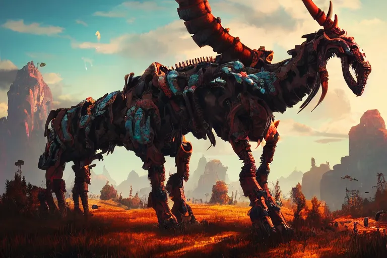 Image similar to grimhorn fanghorn machine mecanical creature robot of horizon forbidden west horizon zero dawn bioluminiscence global illumination ray tracing hdr fanart arstation by ian pesty and alena aenami artworks in 4 k