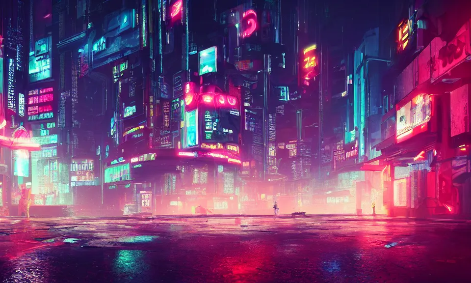 a cyberpunk street scene with neon lights, raining, 4k, Stable Diffusion