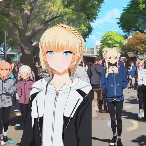 Image similar to blonde - haired princess, anime princess, wearing black jacket and white leggings, looking through crowd, town street, festival street, trees, green trees, blue lighting, blue sunshine, strong lighting, strong shadows, vivid hues, ultra - realistic, sharp details, subsurface scattering, intricate details, hd anime, 2 0 1 9 anime