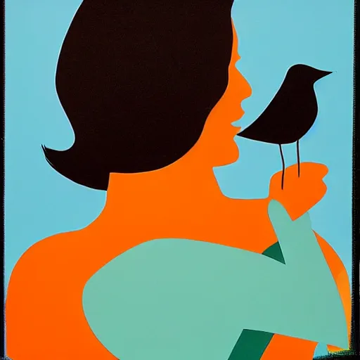 Prompt: Land art. a woman is shown from behind, her body slightly blurred as if in motion. Her long hair cascades down her back, and she is holding a small bird in her hand. alegria 'corporate memphis', foil art by Debbie Criswell, by Richard Hamilton bold, minimalist