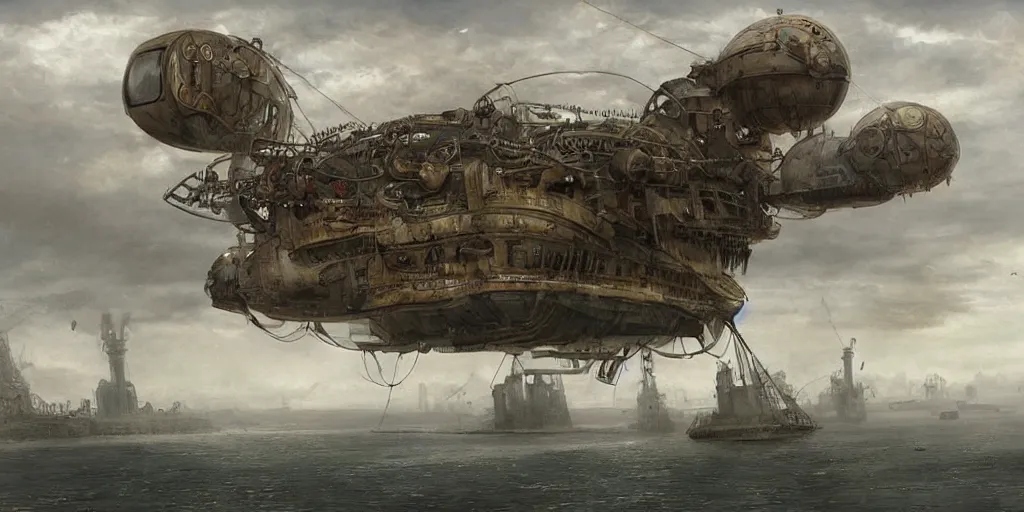 Prompt: a giant floating steampunk airship, by Mikhail Vrubel, trending on artstation