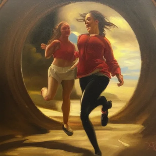 Prompt: in these oil paintings we see two woman who seems to be running in a circle, 4 k, in the style of cabanel alexandre, hyper realism, medium shot, detailed,