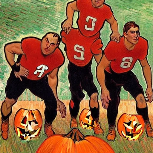 Image similar to painting of arkansas razorbacks players at the halloween jack o'lantern party, elegant, clear, painting, stylized, delicate, soft facial features, art, art by alphonse mucha, vincent van gogh, egon schiele