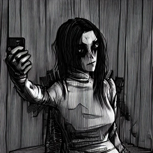 Prompt: A woman taking a selfie in a dark room, a figure idles behind her creepily, in a Halloween style, dark lighting, moody lighting, Trending on artstation, artstationHQ, artstationHD