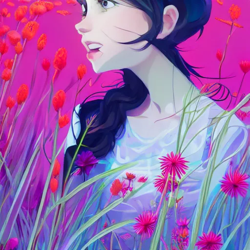 Image similar to portrait of Anya joy Taylor, field of flowers background, rich vivid colors, ambient lighting, dynamic lighting, 4k, HQ, official media, anime key visual, makoto shinkai, ilya kuvshinov, lois van baarle, rossdraws, detailed, trending on artstation