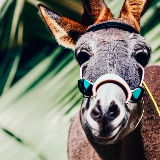 Prompt: donkey wearing sunglasses on a sunbed, tropical background, camera photo
